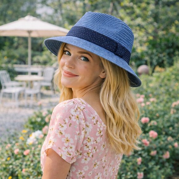 Classic Blue Straw Fedora Sun Hat | Travel Resort Style main image 8